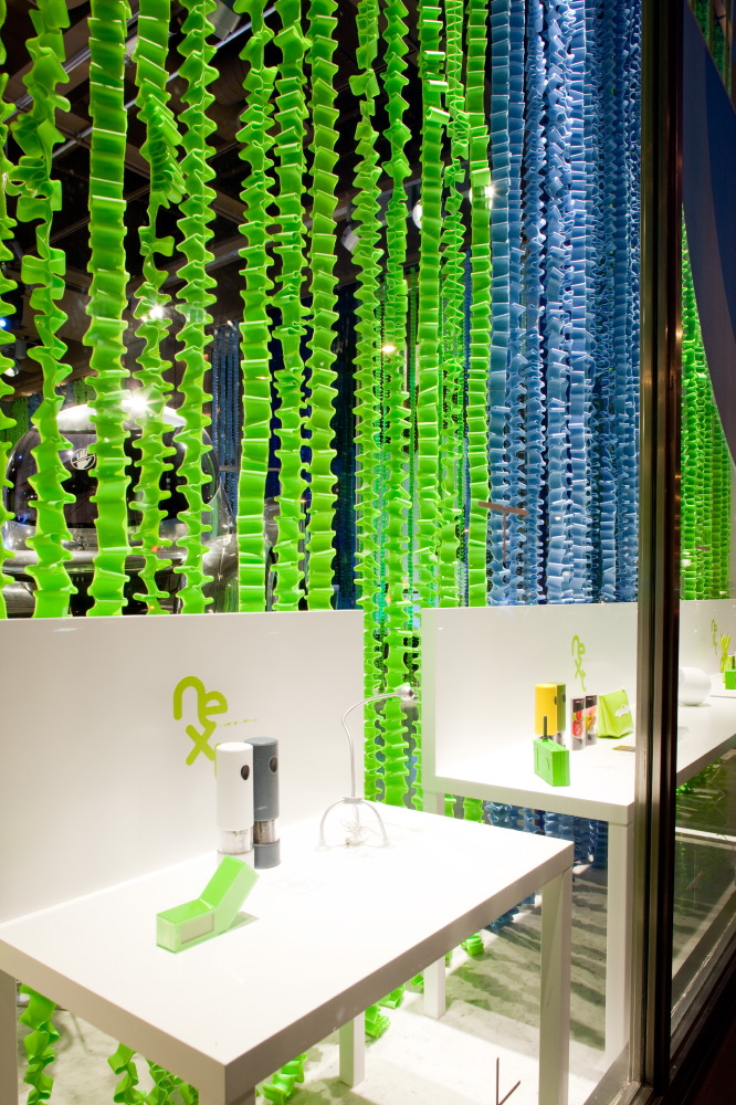  A close up of the velcro ribbons in the window display highlighting the signature Peugeot Pepper mill.  Peugeot invited Rachel to sell some of her hand pigmented velcro jewellery, which can be seen to the right of the display here. 