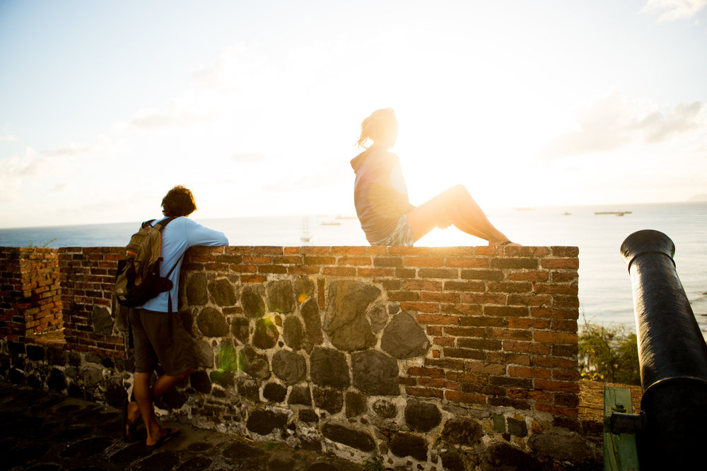 Laura and Danny overlooking the harbor at the Oranjestad fort.