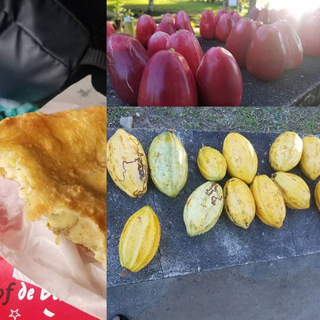 Some Trini&nbsp; treats by the sea

Aloo Pie- a deep fried bread stuffed with potato or &quot;aloo&quot; in Hindi

Pommerac- a juicy red fruit. Originally from Malaysia. Also called water apple, mountain apple

Cocoa- The fruit that bears the seeds t