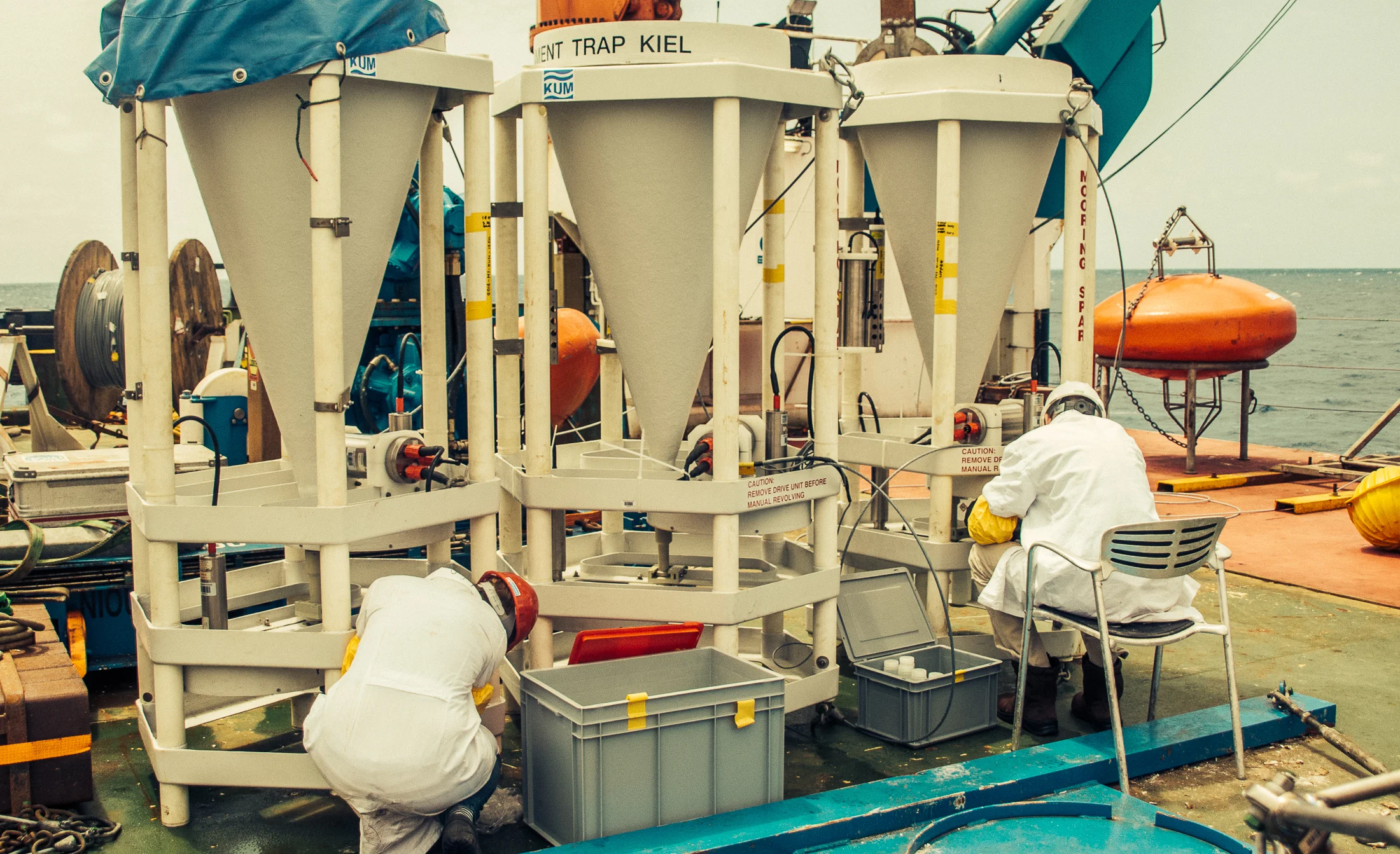 Our team preparing the sediment trap carrousels to be redeployed on station M1 (12ºN, 23ºW).
