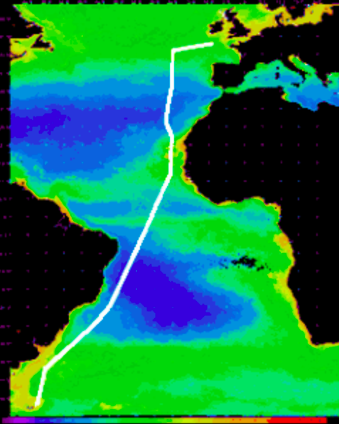 This is the trajectory of the first AMT expedition which took place from 21 September to 24 October 1995 on-board the RRS James Clark Ross. The ship sailed from Grimsby (UK) to Montevideo (Uruguay) and then continued on to Stanley (Falkland Islands). Read more about it here .