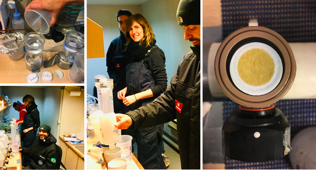 Some of us working at the phytoplankton lab (left) and a seawater filter sample collected from the surface of the ocean for further analysis of the phytoplankton communities (right).