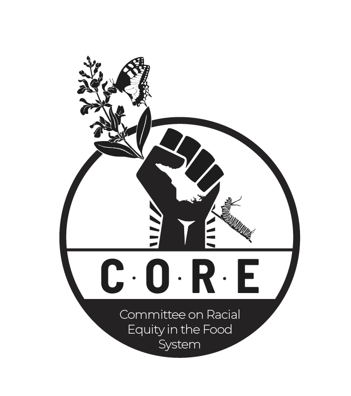 CORE Logo with powerful fist holding milkweed, a butterfly, and a caterpillar emerging from the earth