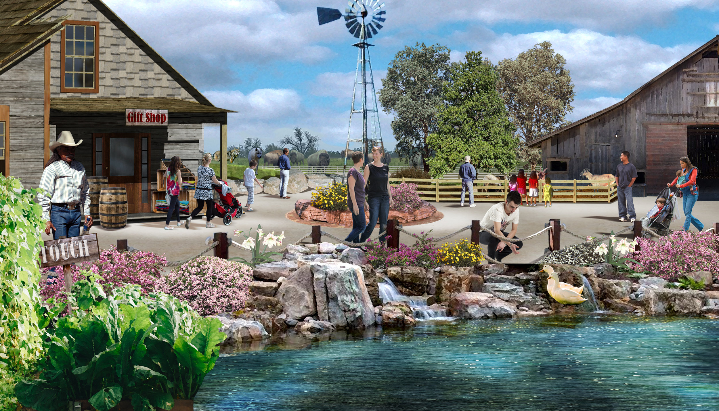 Relocated entry in the Pioneers of the Prairie zone includes efficient entry building with gift shop and toilets overlooking a renovated pond, new domestics barn with goat interaction, and stunning views to adjacent wolf and buffalo exhibits.
