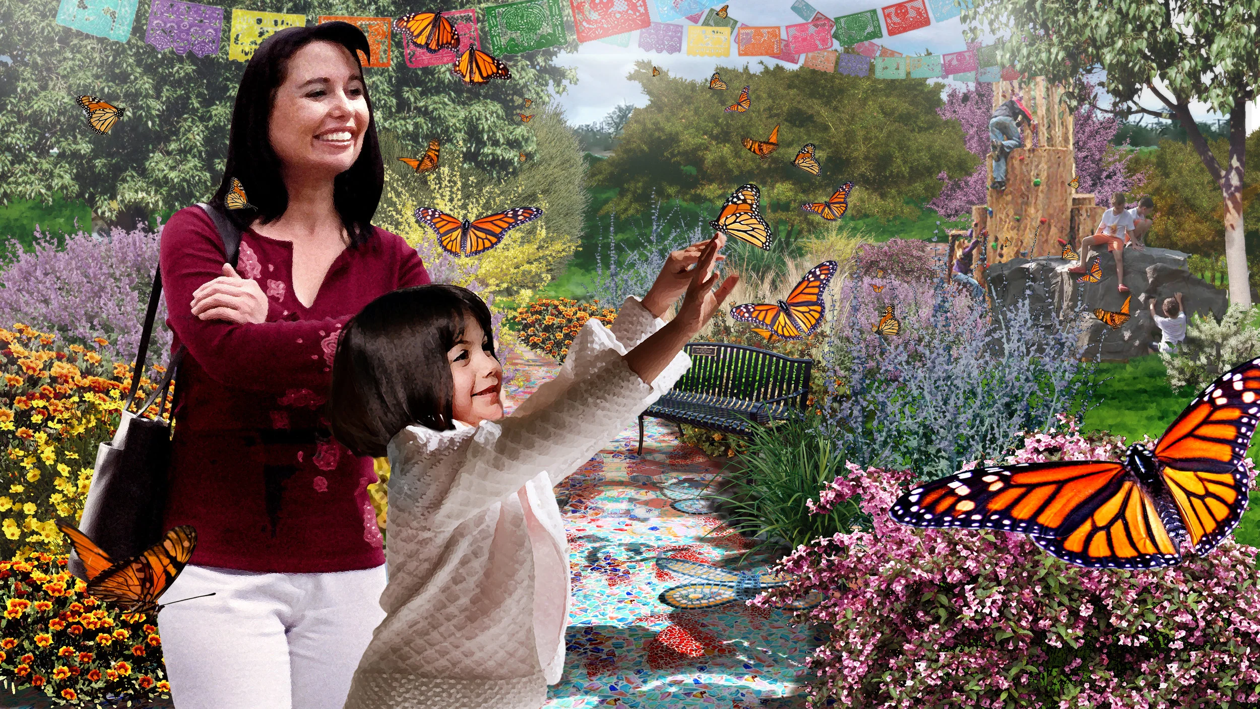 The Viva Kansas! zone, inspired by the cultural influences of the Hispanic community in Dodge City, features extensive themed gardens (pollinator, sensory, relaxation), adventure play, picnic and party space, food truck, colorful muraling and mosaic tiles—all celebrating the migration of monarch butterflies from Canada through Kansas down to Mexico.