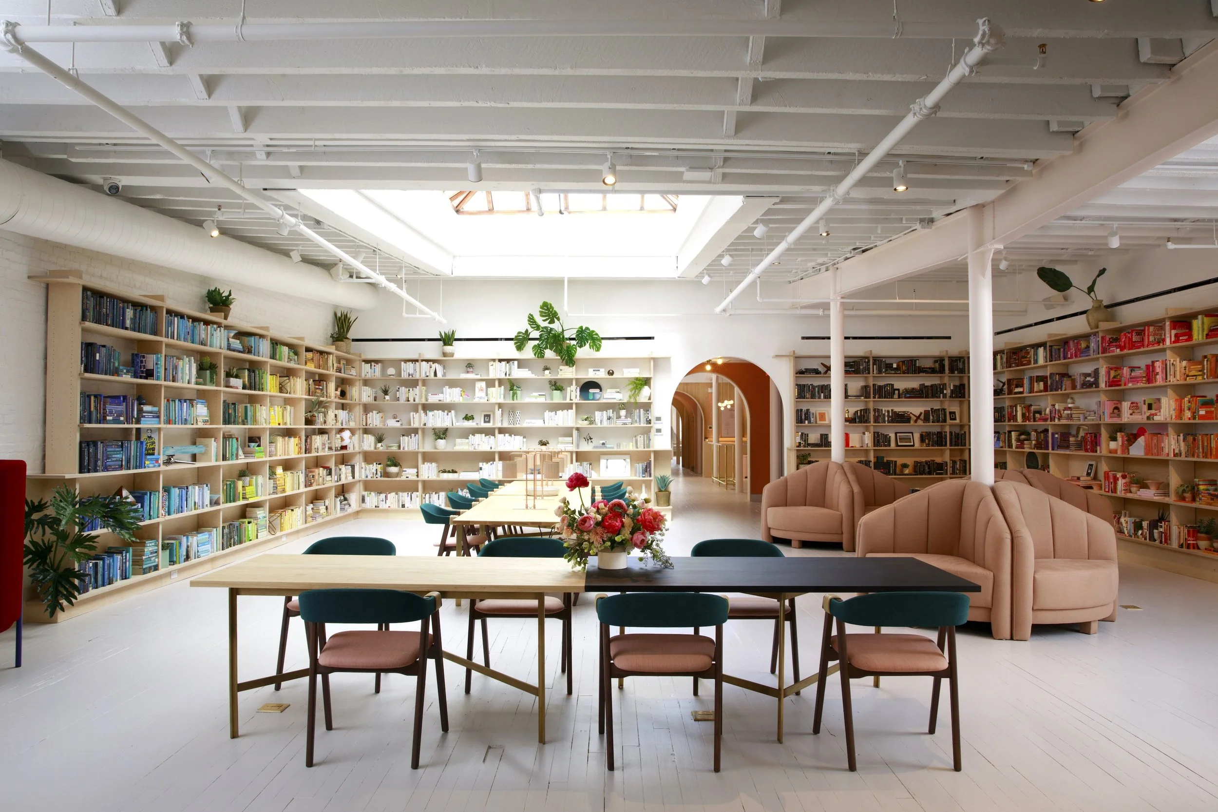 Sunlight streaming down through the skylight of the Wing, a womens coworking space and social club, located in Soho, New York. MEP designed by 2L Engineering.