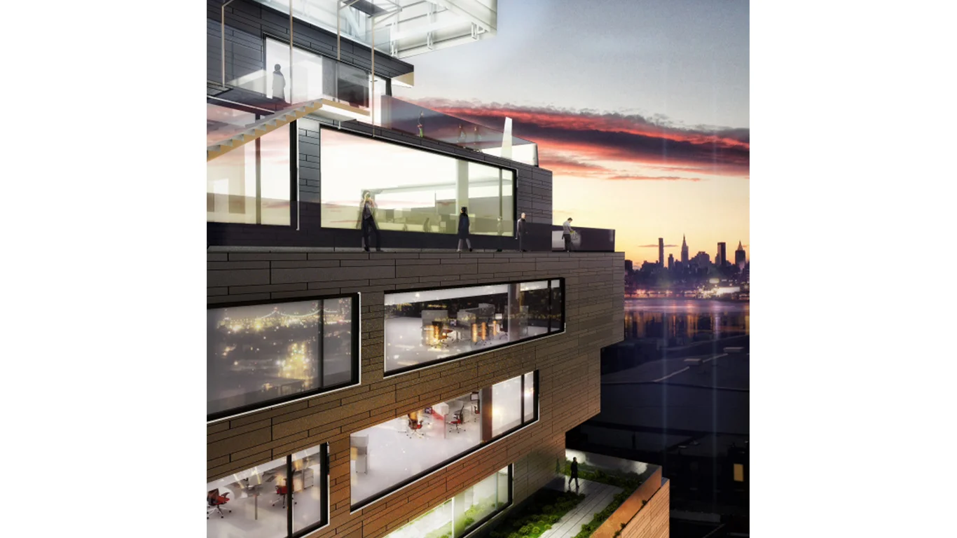 Rendering of people on a balcony in Williamsburg enjoying the view of Manhattan and the sunset. MEP Engineering designed by 2L Engineering