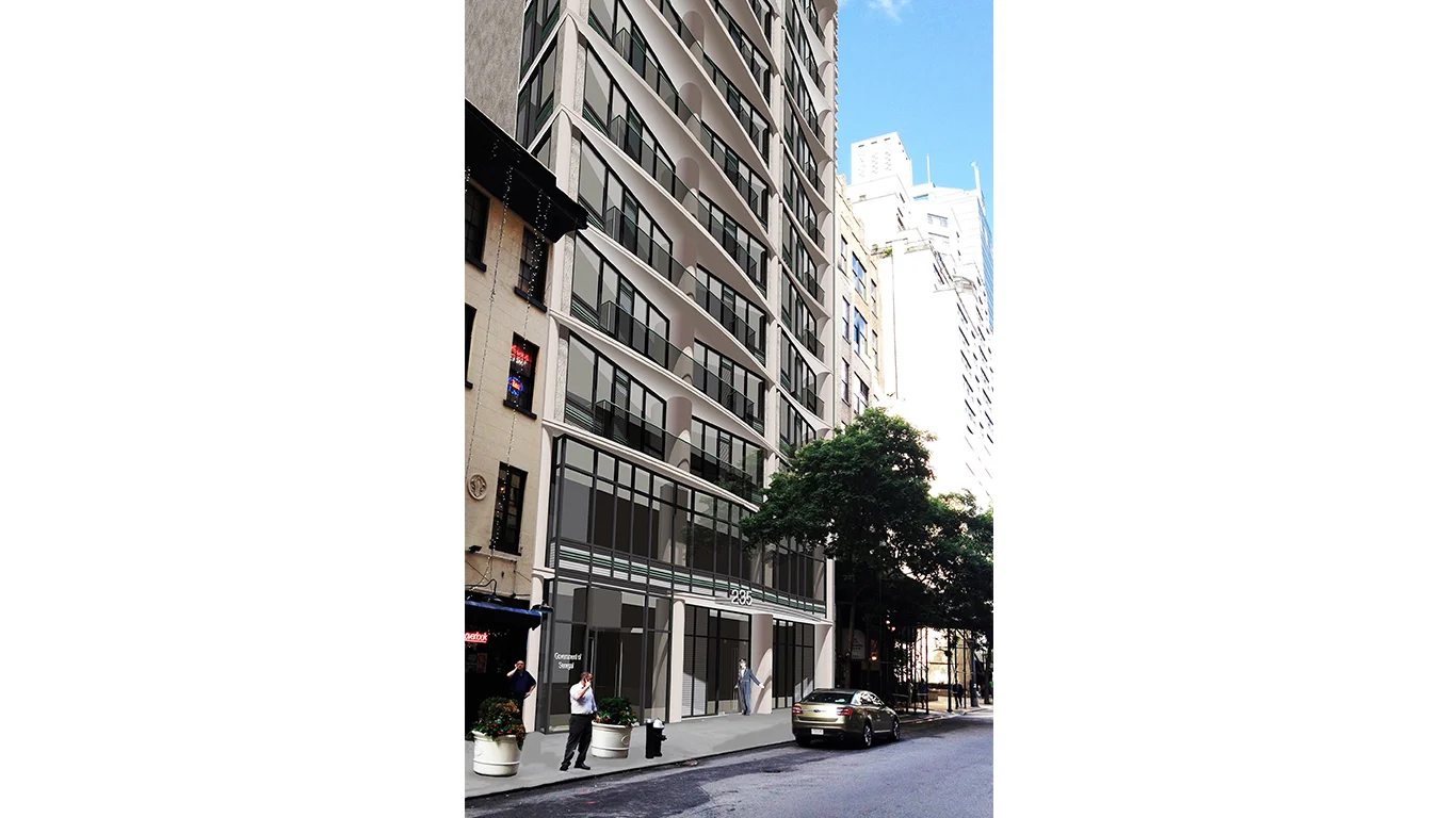 Exterior rendering of street view of a mid-rise rental building in Manhattan's Midtown East. MEP designed by 2L Engineering.