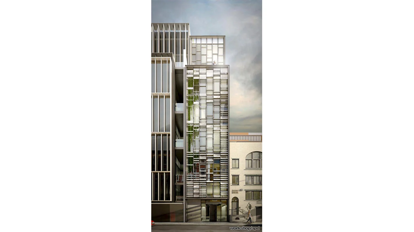 Rendering of a bright, modern, residential building located in Chelsea along the High Line, New York. MEP design by 2L Engineering.