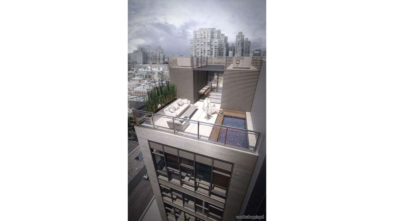 Rooftop view of luxury condominium with people enjoying the pool; located in the Chelsea neighborhood. MEP design by 2L Engineering. 