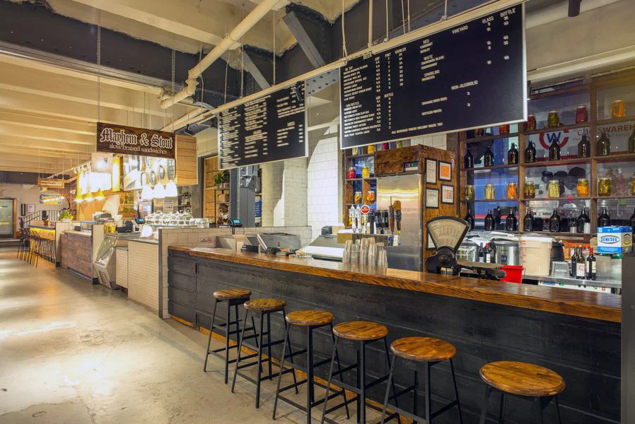 Mayhem and Stout's rustic counter-served eatery in Urbanspace Vanderbilt, with MEP designed by 2L Engineering.