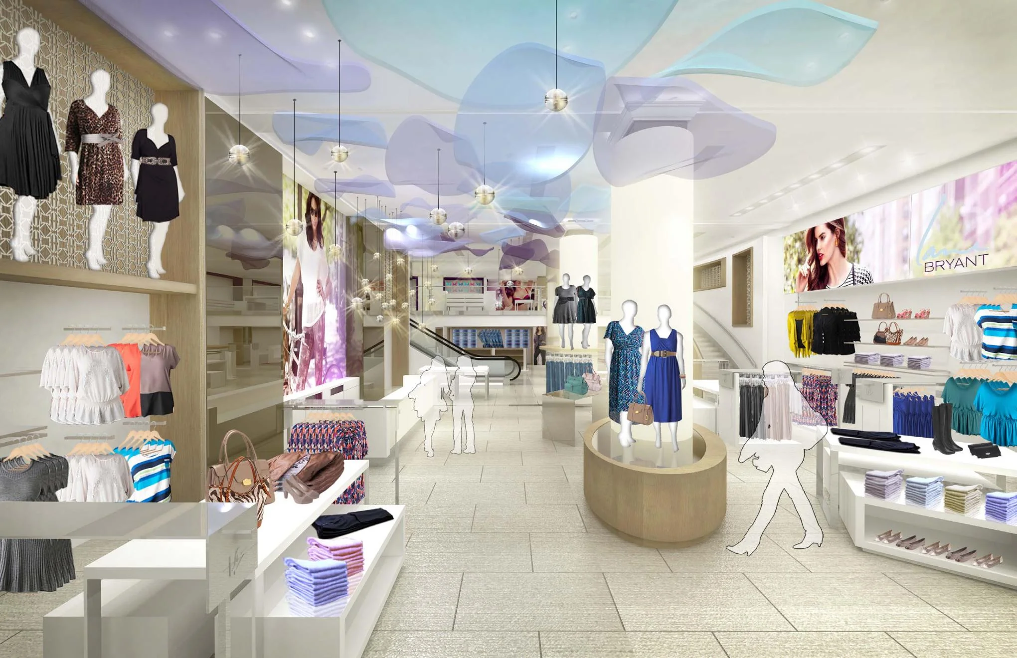 Rendering of silhouetted customers viewing the different display racks and mannequins with petals on the ceiling of Lane Bryant's flagship retail store. MEP by 2L Engineering.