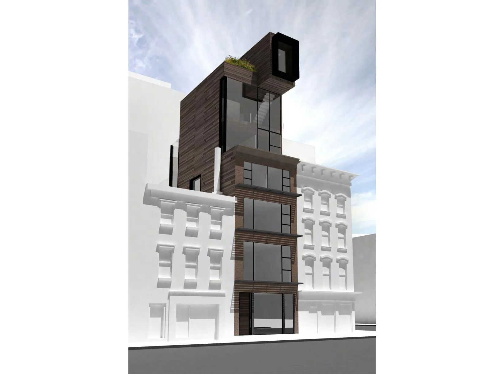 Exterior rendering of a Hudson Square seven story single family townhouse without the outermost porous trellis system. MEP designed by 2L Engineering.