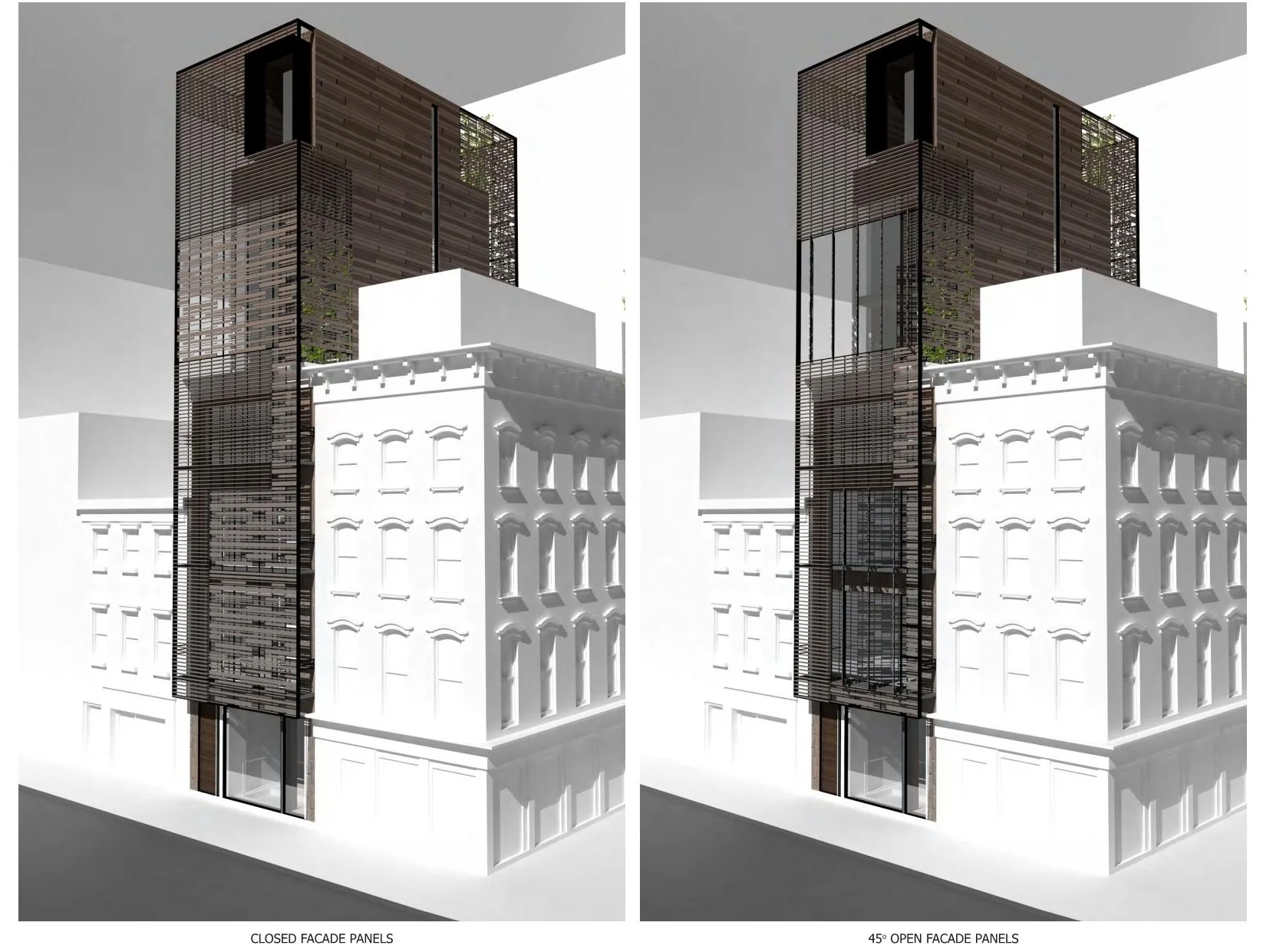 Exterior renderings of a porous trellis system featuring alternative designs for enhanced privacy. MEP designed by 2L Engineering.