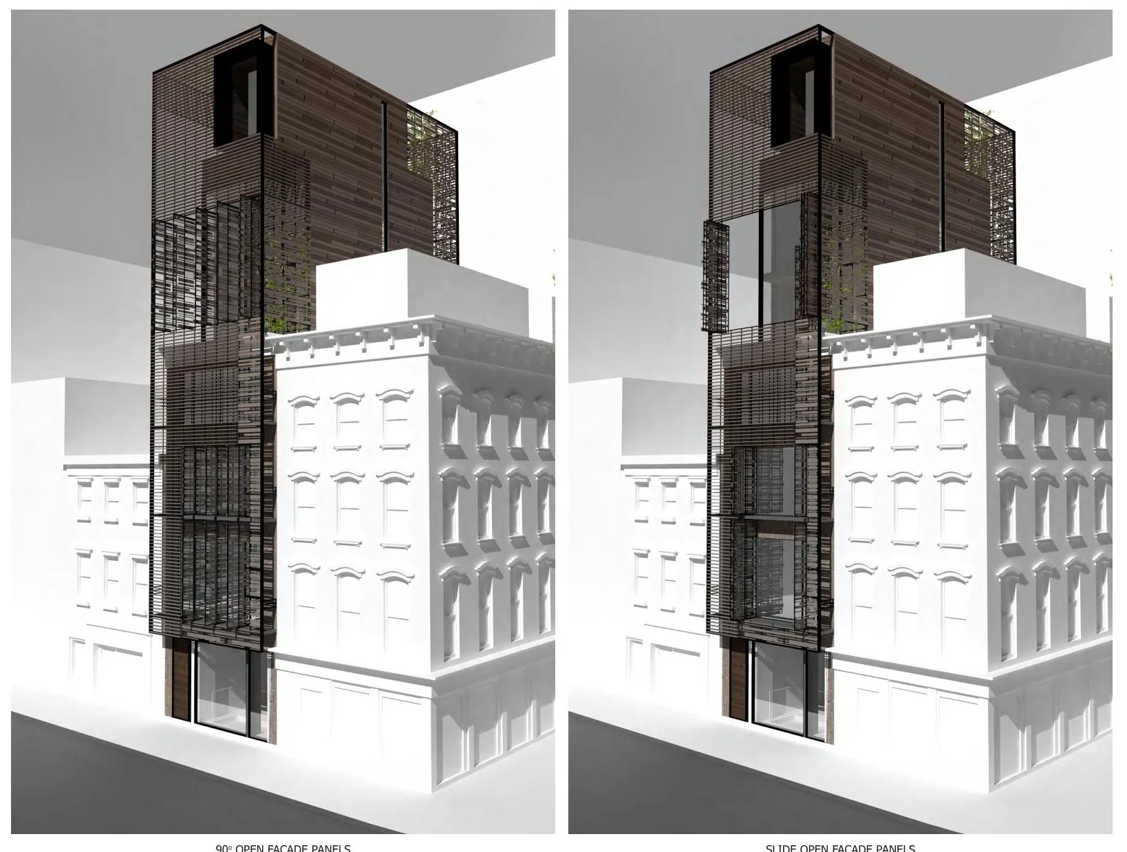Exterior renderings of a porous trellis system with different operable openings illustrated on a 7 story single family townhouse. MEP by 2L Engineering..