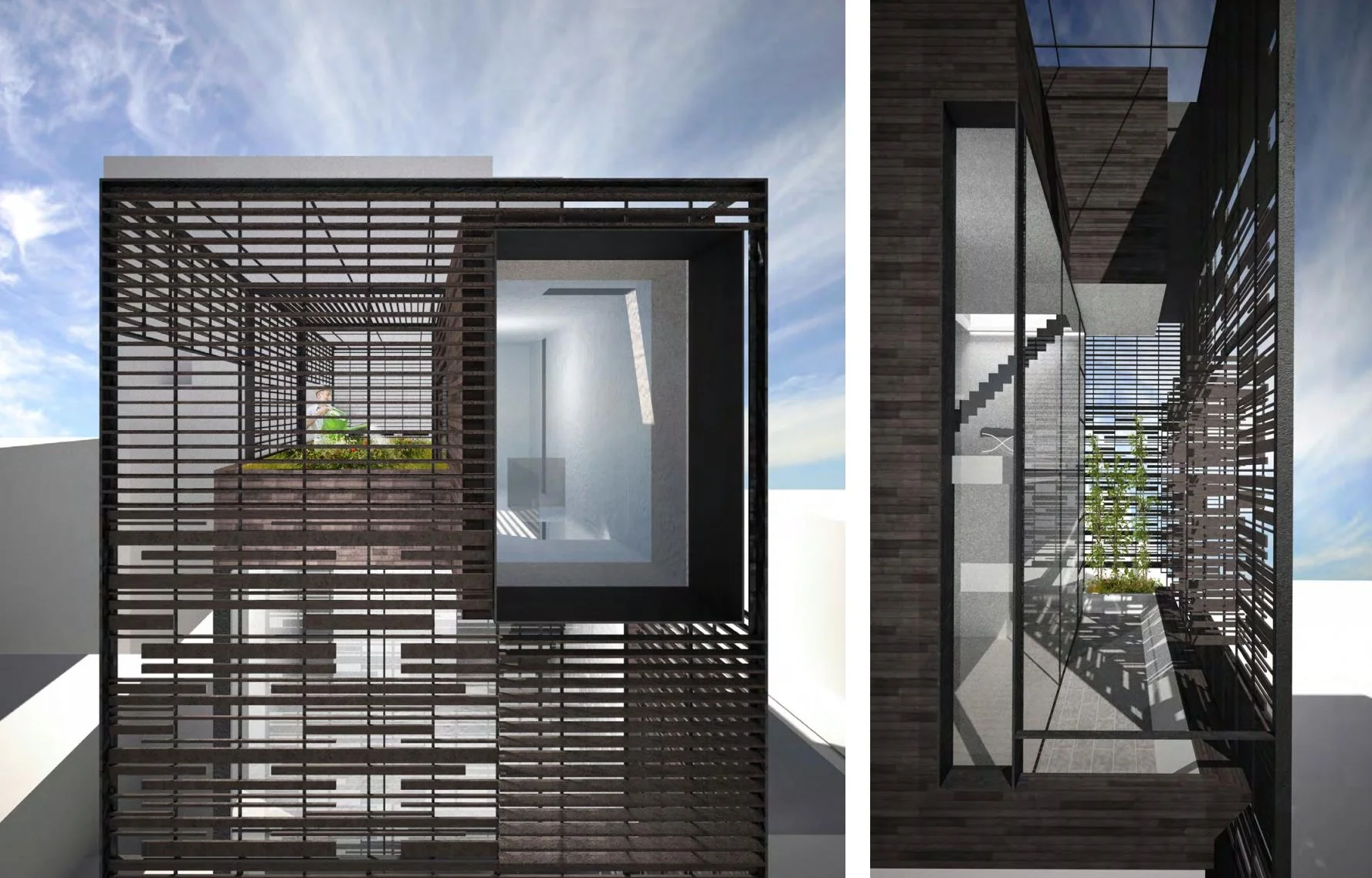 Detailed renderings of the porous trellis system that allows light to filter into the townhouse while also providing privacy for the family. MEP by 2L Engineering..
