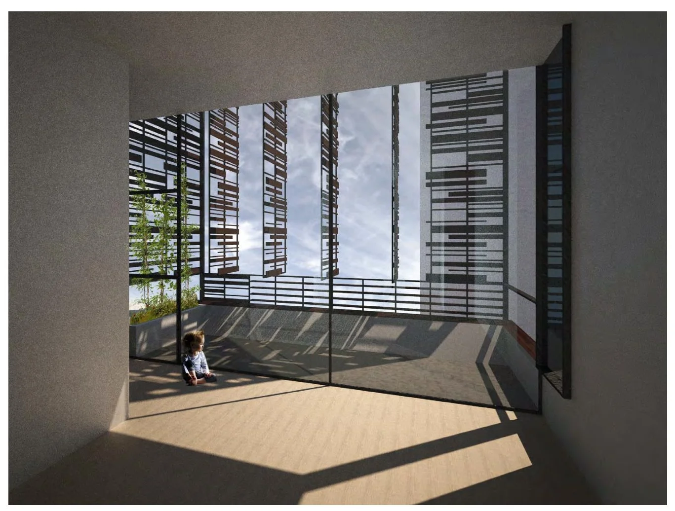 Rendering of a baby looking out windows leading to a private balcony featuring a porous trellis system with operable openings for privacy. MEP by 2L Engineering..