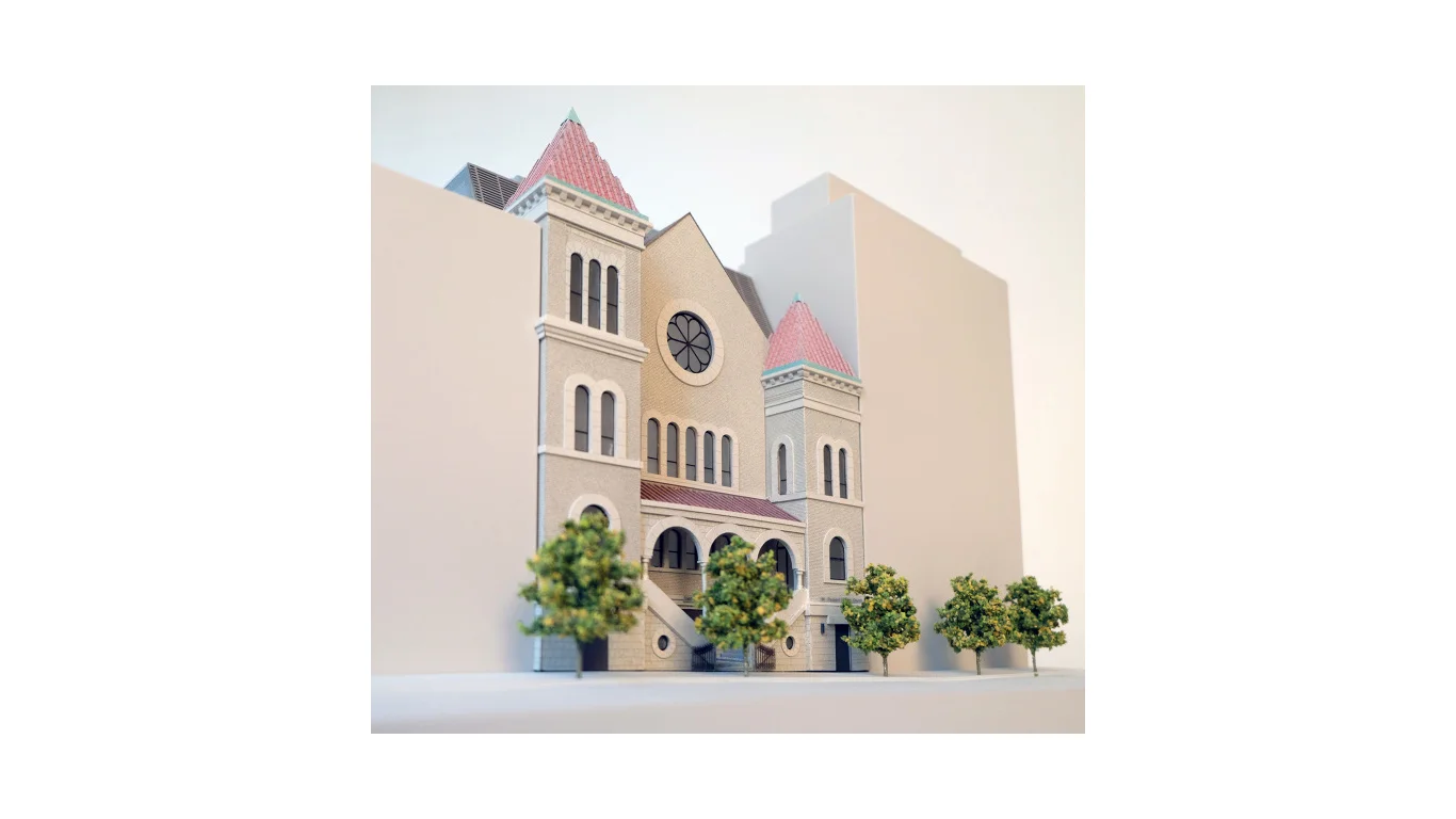 Front facade rendering of Mt Pleasant Church with trees along the sidewalk. MEP provided by 2L Engineering.