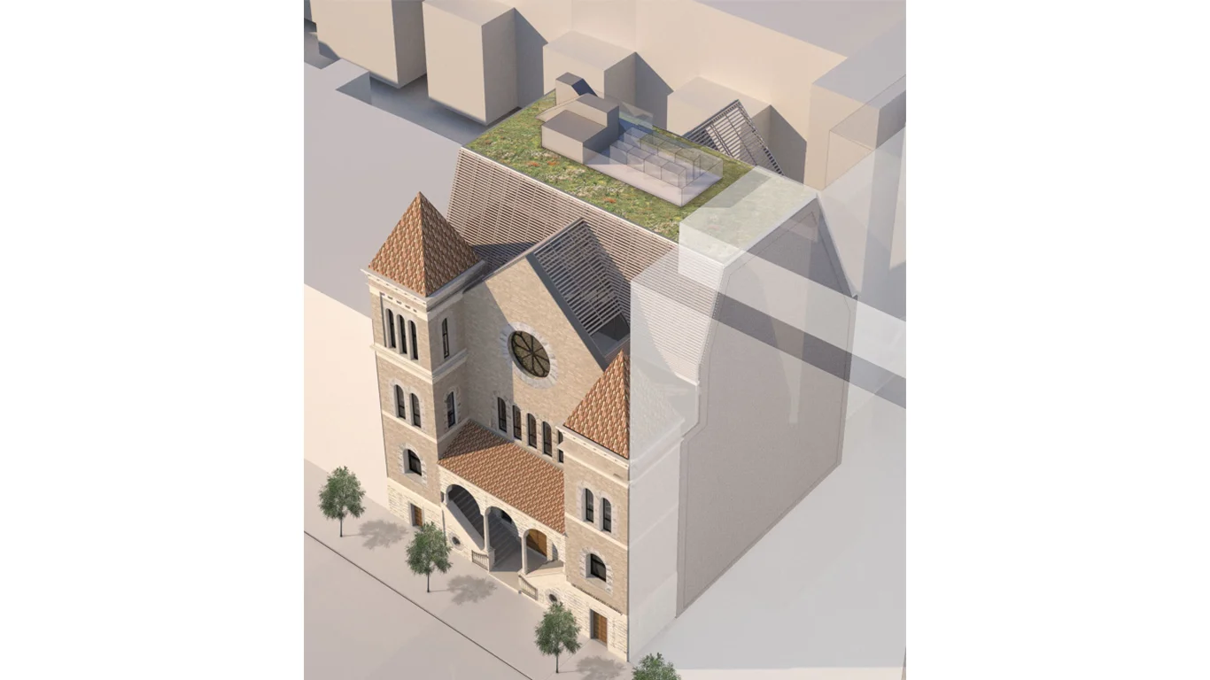 Rendering of Mt Pleasant Church with a greenhouse on the roof. MEP designed by 2L Engineering, a New York based firm.