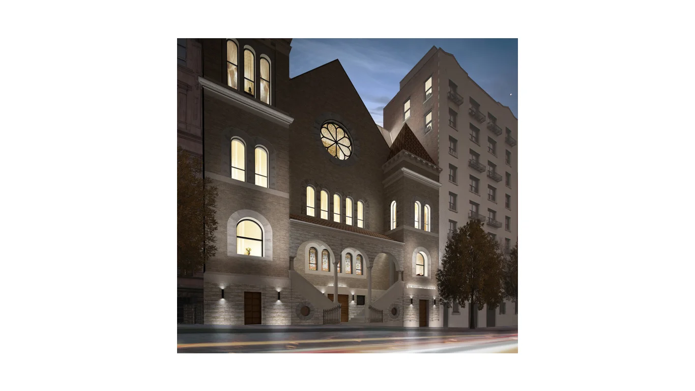 Nighttime rendering of Mt Pleasant Church exterior view in New York. MEP provided by 2L Engineering.