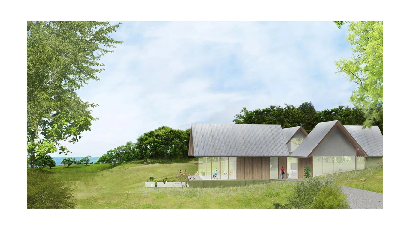 Rendering of a home in Long Island surrounded by plants and nature, with large windows facing the water. MEP provided by 2L Engineering.
