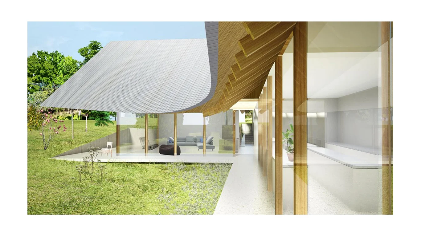 Porch separating the home and garden with views into the living room and kitchen island. MEP designed by 2L Engineering.