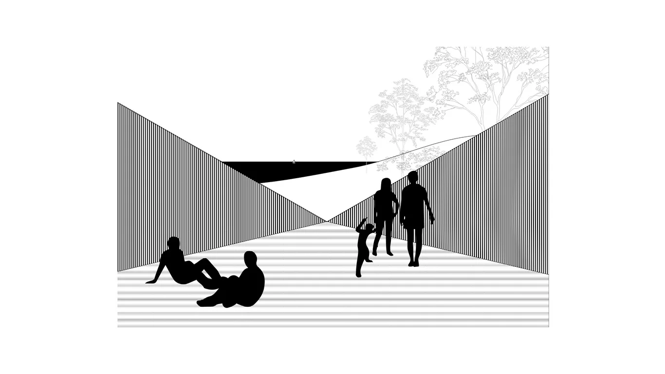 Illustration of silhouette people sitting and standing on a platform in an Long Island home. MEP designed by 2L Engineering.
