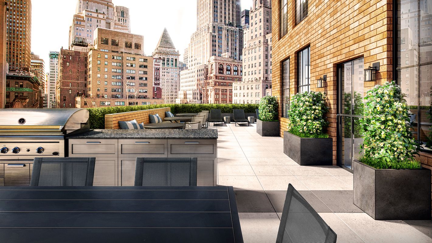 Rendering of an outdoor patio area with plants and a grill in a luxury apartment building overlooking the New York skyline. MEP designed by 2L Engineering.