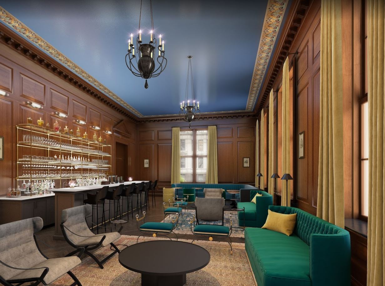 Rendering of a private, residents-only speakeasy bar in a luxury building with twenties era design. MEP provided by 2L Engineering.