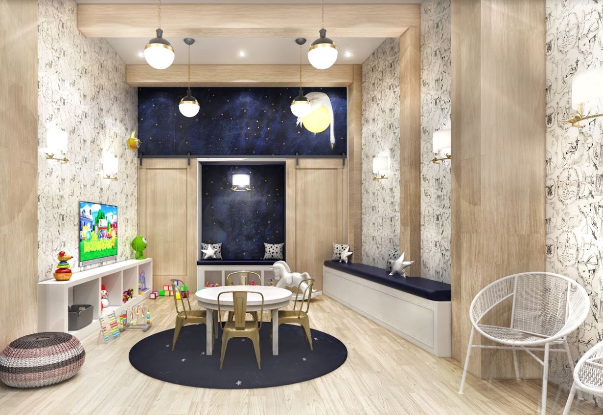 Rendering of a playroom with illustrations on the walls and a mother goose night time theme. MEP provided by 2L Engineering.