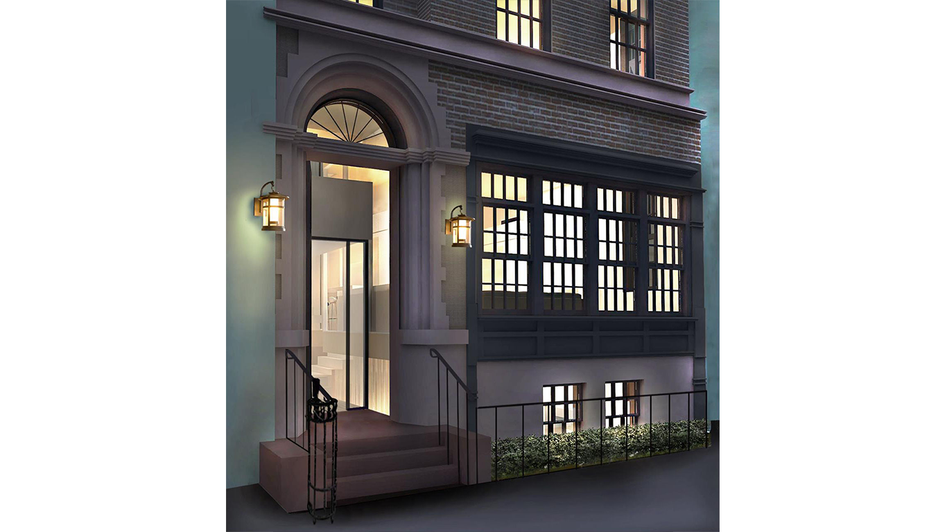 Exterior rendering of the entrance to a townhouse on Park Avenue. MEP designed by 2L Engineering. 