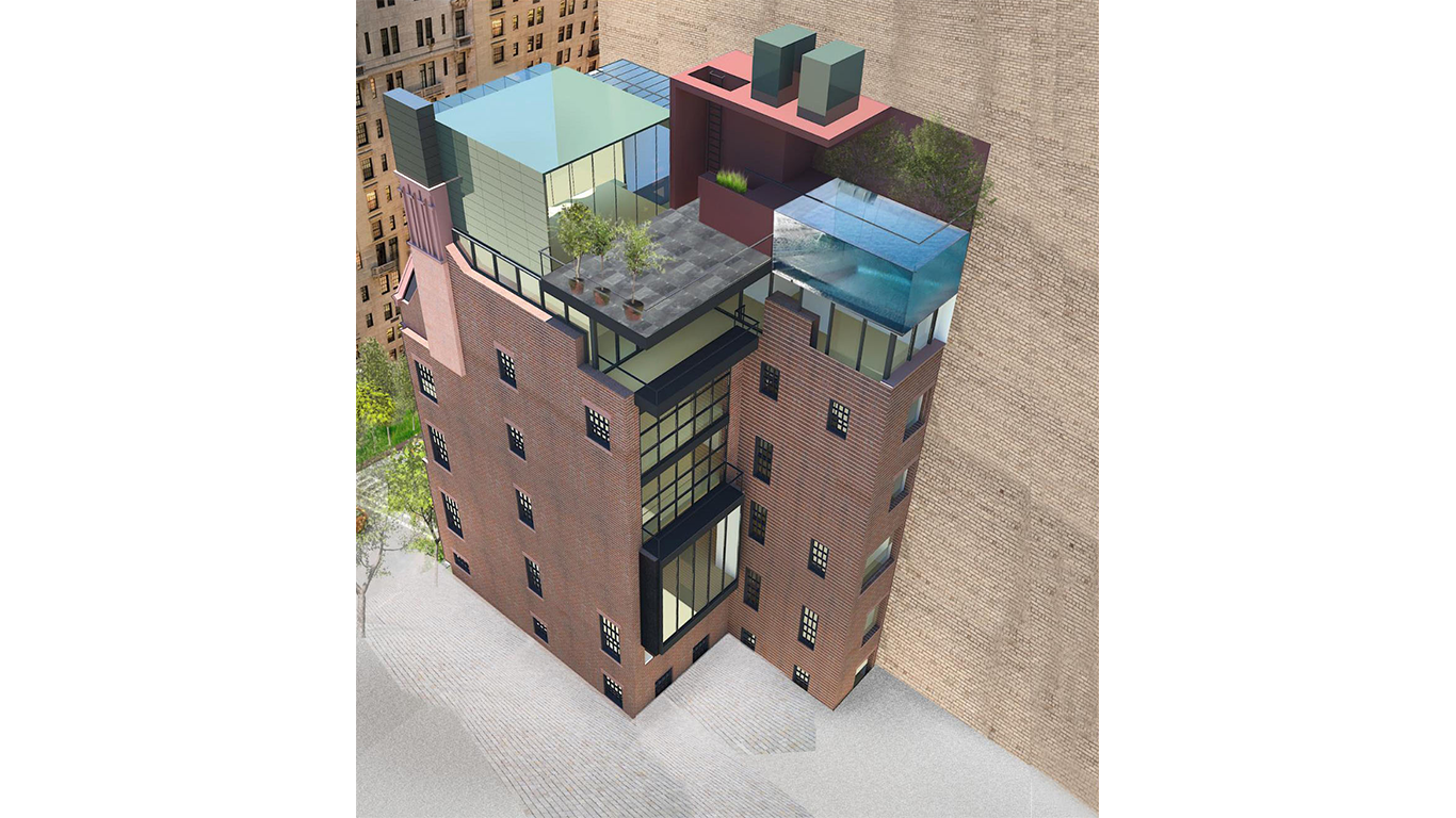 Birds eye view of the exterior of a queen anne style upscale townhouse for a single-family on the Upper East Side. MEP by 2L Engineering. 