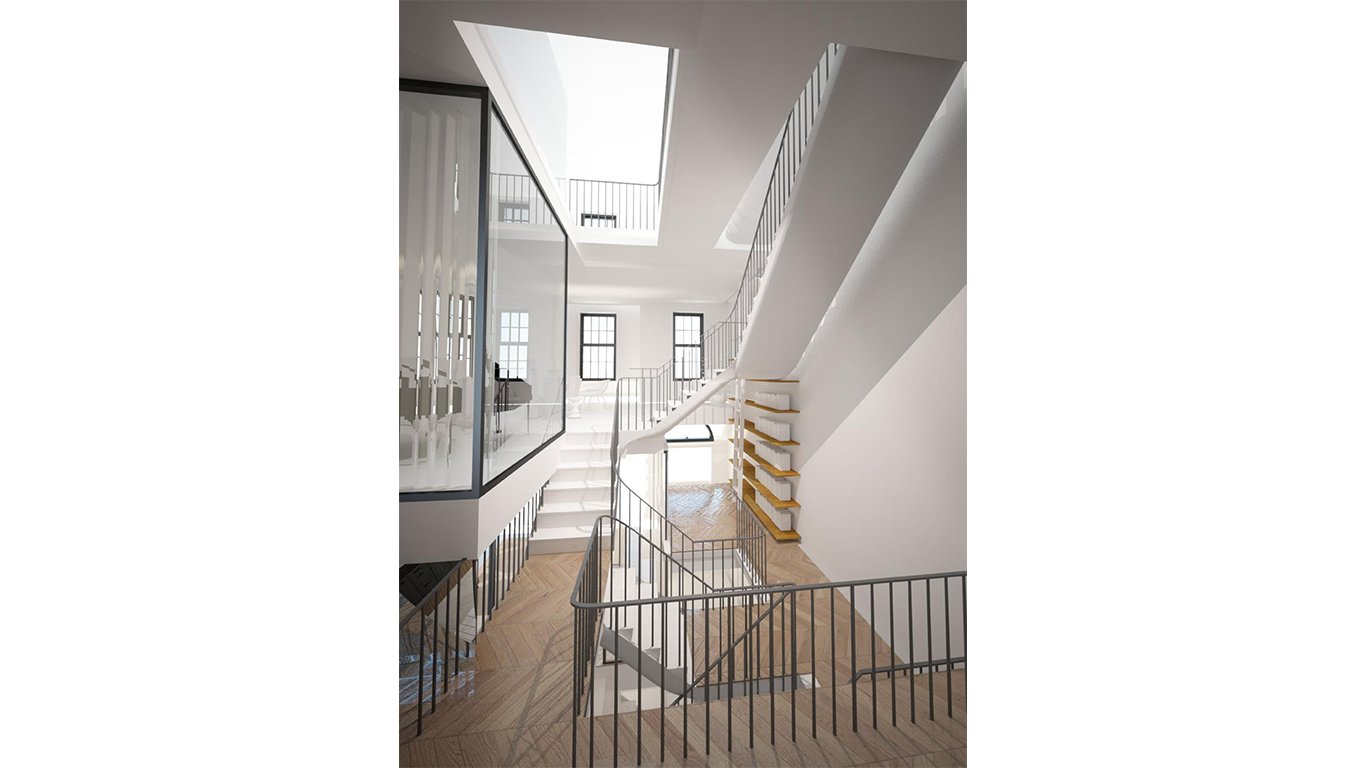Staircase and railing renderings of the interior of a luxury townhouse on the Upper East Side in New York. MEP by 2L Engineering. 