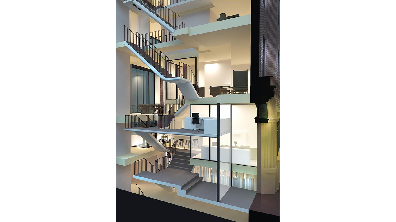 View of the study and multiple staircases in an Upper East Side townhouse. MEP by 2L Engineering. 