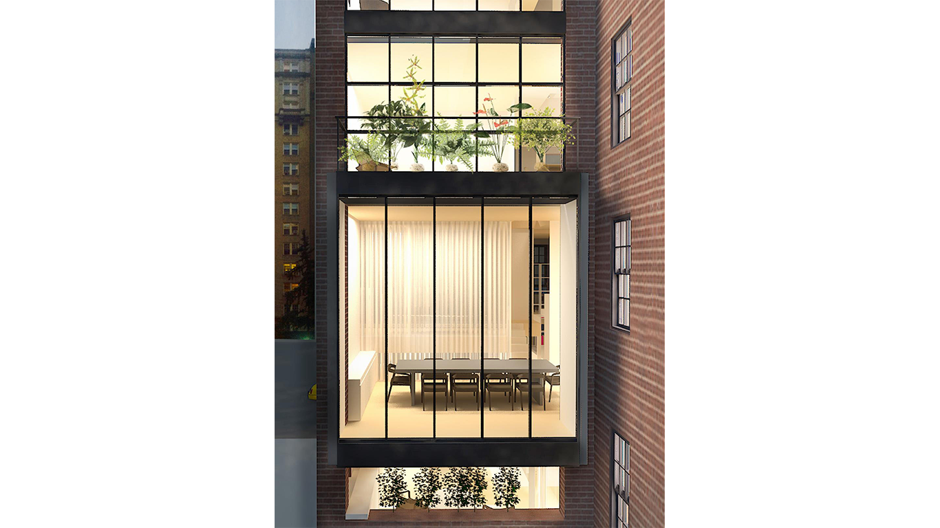 Rendering of the exterior side of floor to ceiling windows in an upscale Manhattan townhouse located on the Upper East Side. MEP by 2L Engineering. 