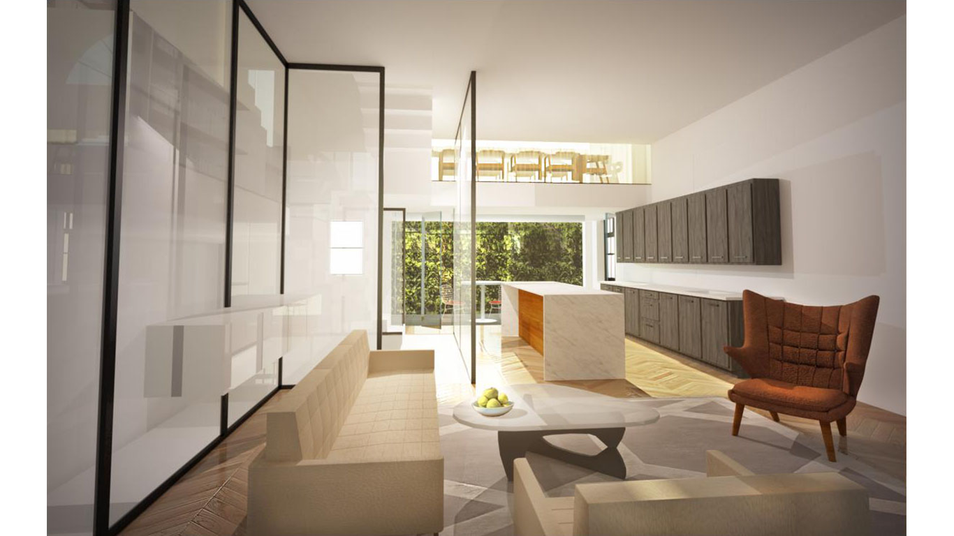 Living room and bar area rendering inside an upscale luxury home on the Upper East Side. MEP by 2L Engineering.
