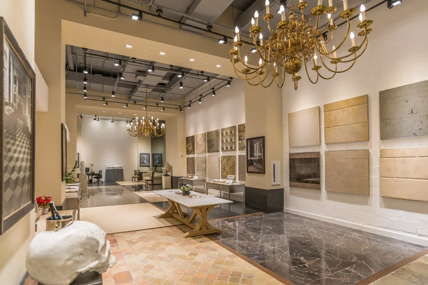 The Lapicida showroom in New York featuring mixed samples of natural stone and tile for customers to view. MEP provided by 2L Engineering.