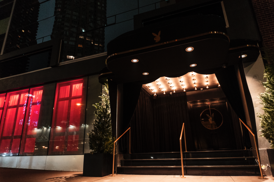 The entrance to the Playboy Club with the famous bunny logo sealed onto the front doors. MEP-FP services provided by 2L Engineering.