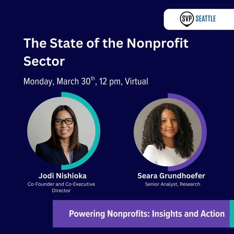 The STate of the Nonprofit Sector flier with photos of Jodi Nishioka and Seara Grudhoefer