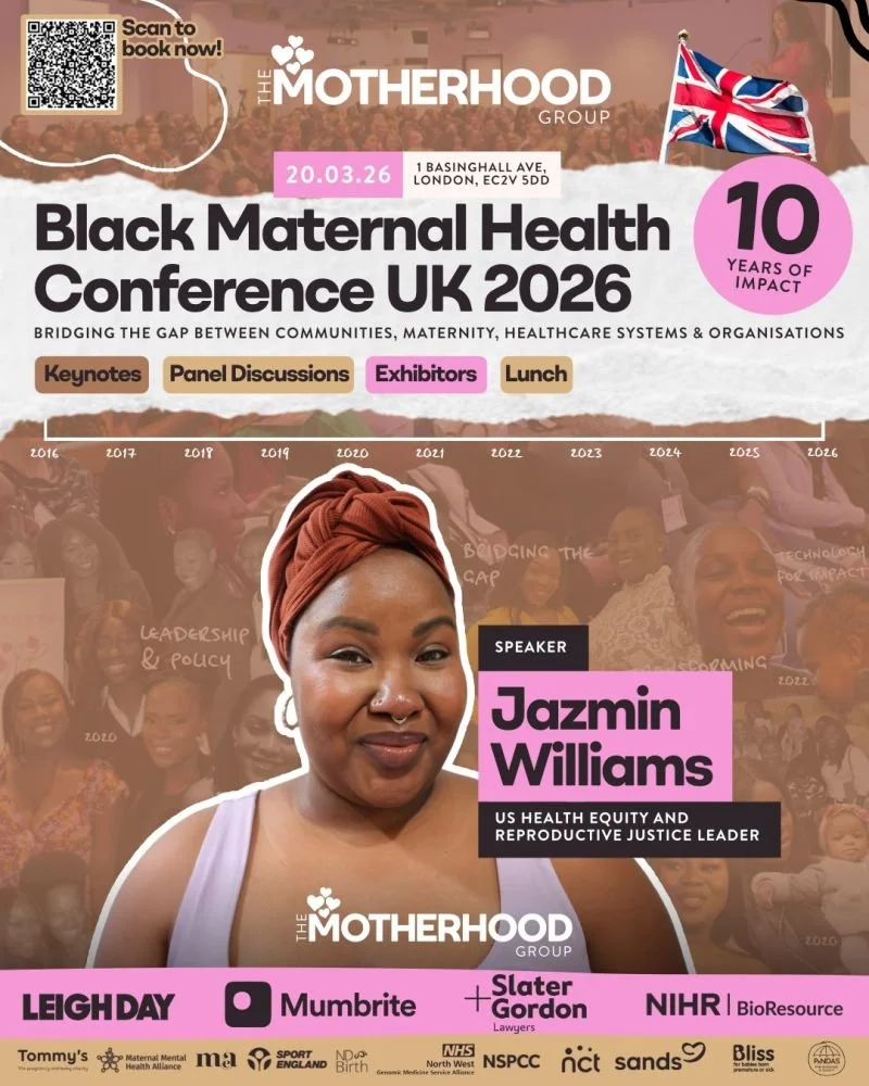 A poster from the Black Maternal Health Conference UK 2026 featuring a photo of Jazmin Williams against a background of photos of other people