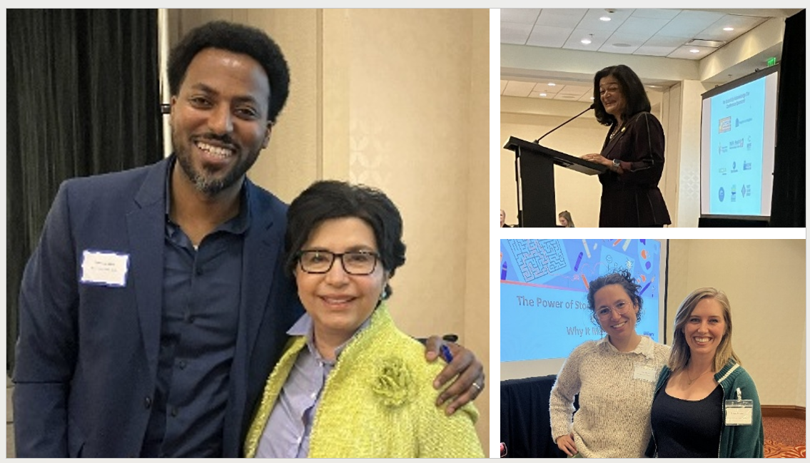 Three scenes from the conference including people posing together and a keynote speaker at a podium.
