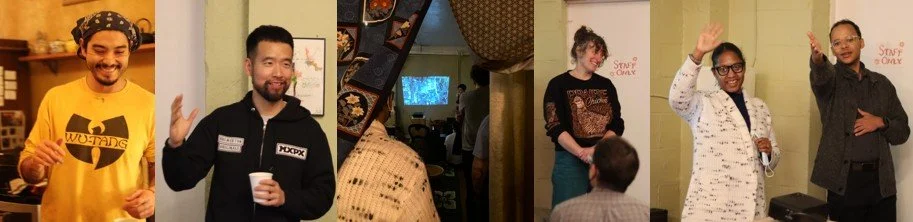 A collage of photos of people speaking at a tea house.