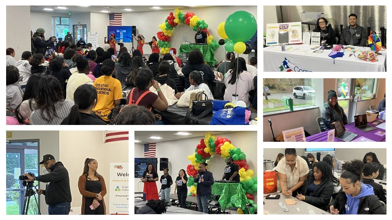 Collage of six scenes from Melanin and Medicine such as the room full of young people with colorful balloons