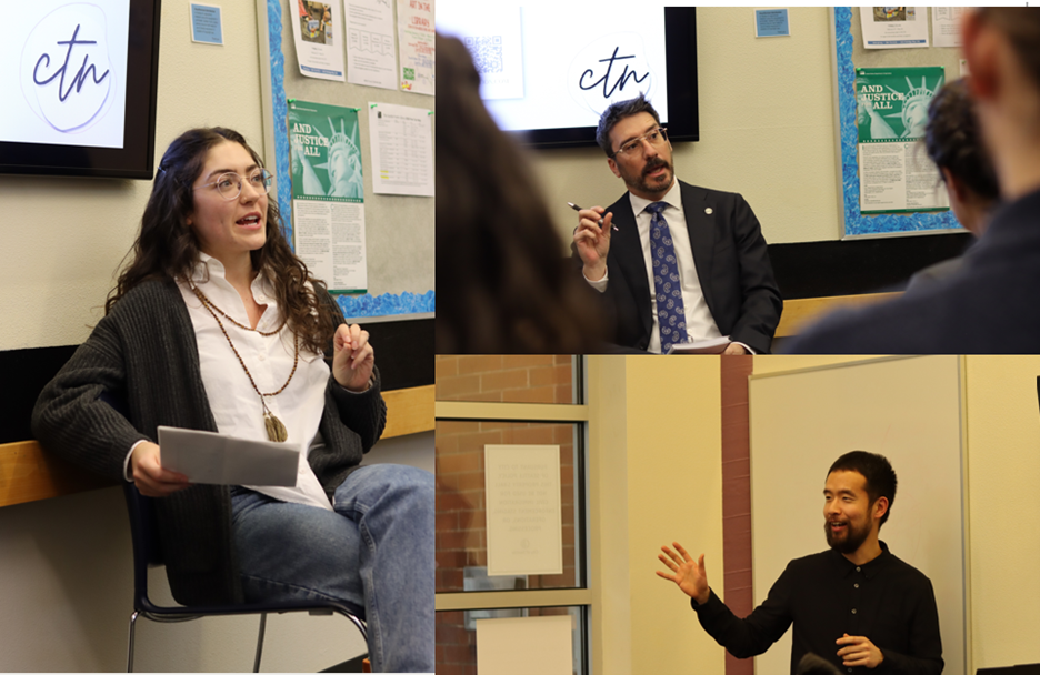 Collage of three people speaking to a group.