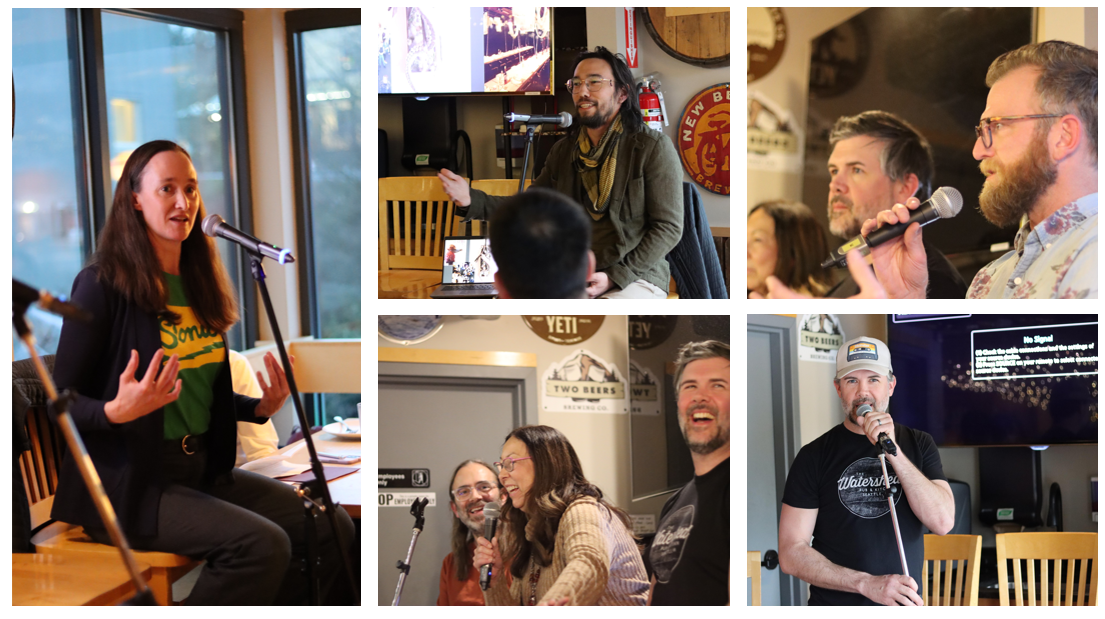 Collage of 5 photos of people speaking into microphones