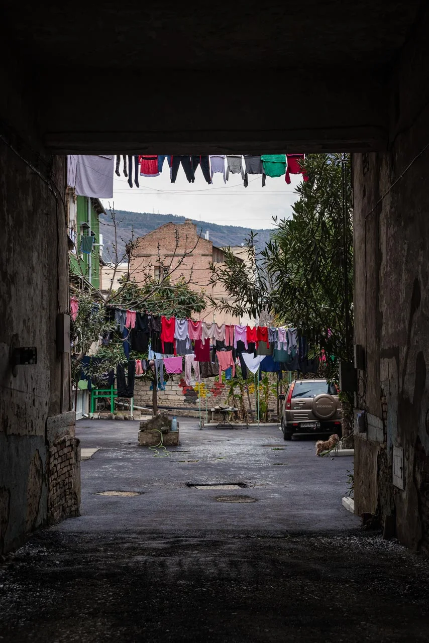 Clothes hanging between houses in Tbilisi, Georgia..