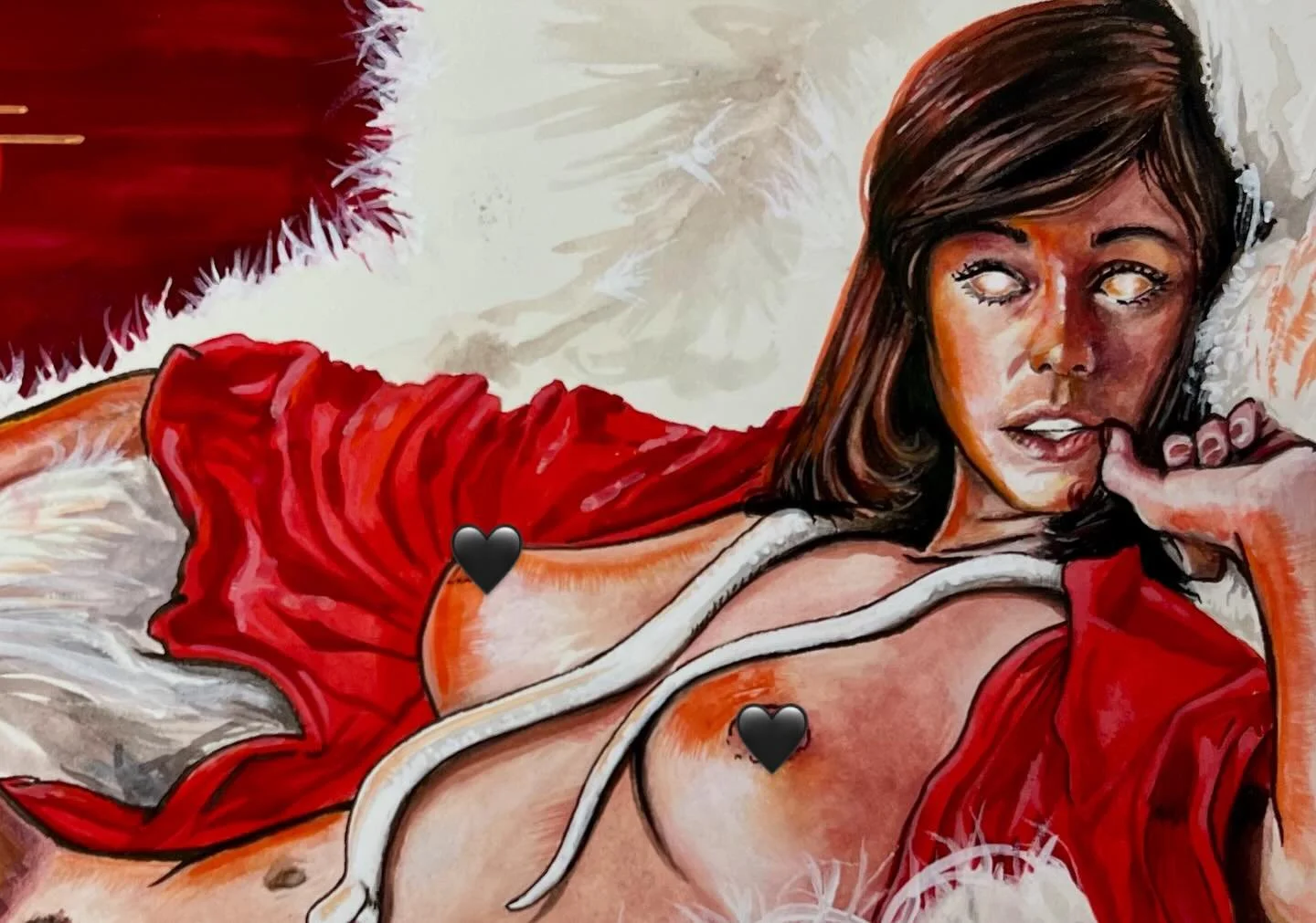 SINthetic 🤍🐍✨
Gouache on aquarelle paper 

My submission to the &ldquo;make love not war&rdquo; group show. 

Inspiration from Bob Guccione&rsquo;s iconic 1970s-80s Penthouse photography, this piece evokes themes of temptation, sensuality and trans