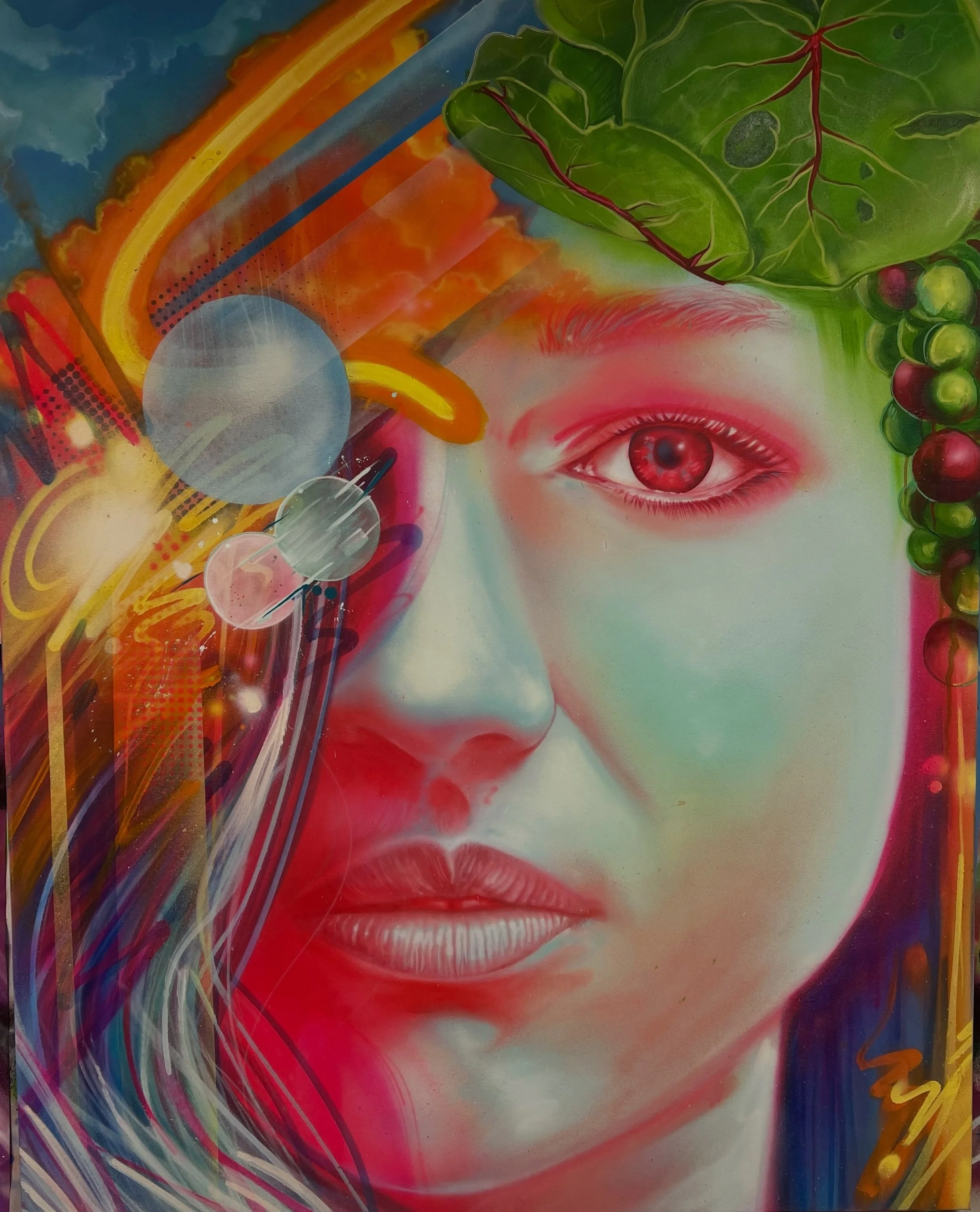 Finally finished her, was stuck for a minute on the direction.
Inspiration from Florida elements 
Mixed media
Muse: @sab.soleil

 Prints will be available soon. 🍃