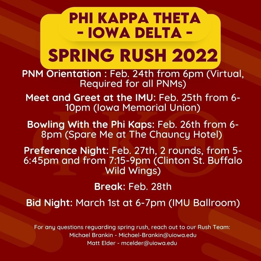 Its almost rush week, and we can't wait to start meeting potential new members. Meet us at the IMU on the 25th,  bowl with us at Bowling with Phi Kaps on the 26th, and join us for a meal at BDubs on the 27th. 

For more information, feel free to reac