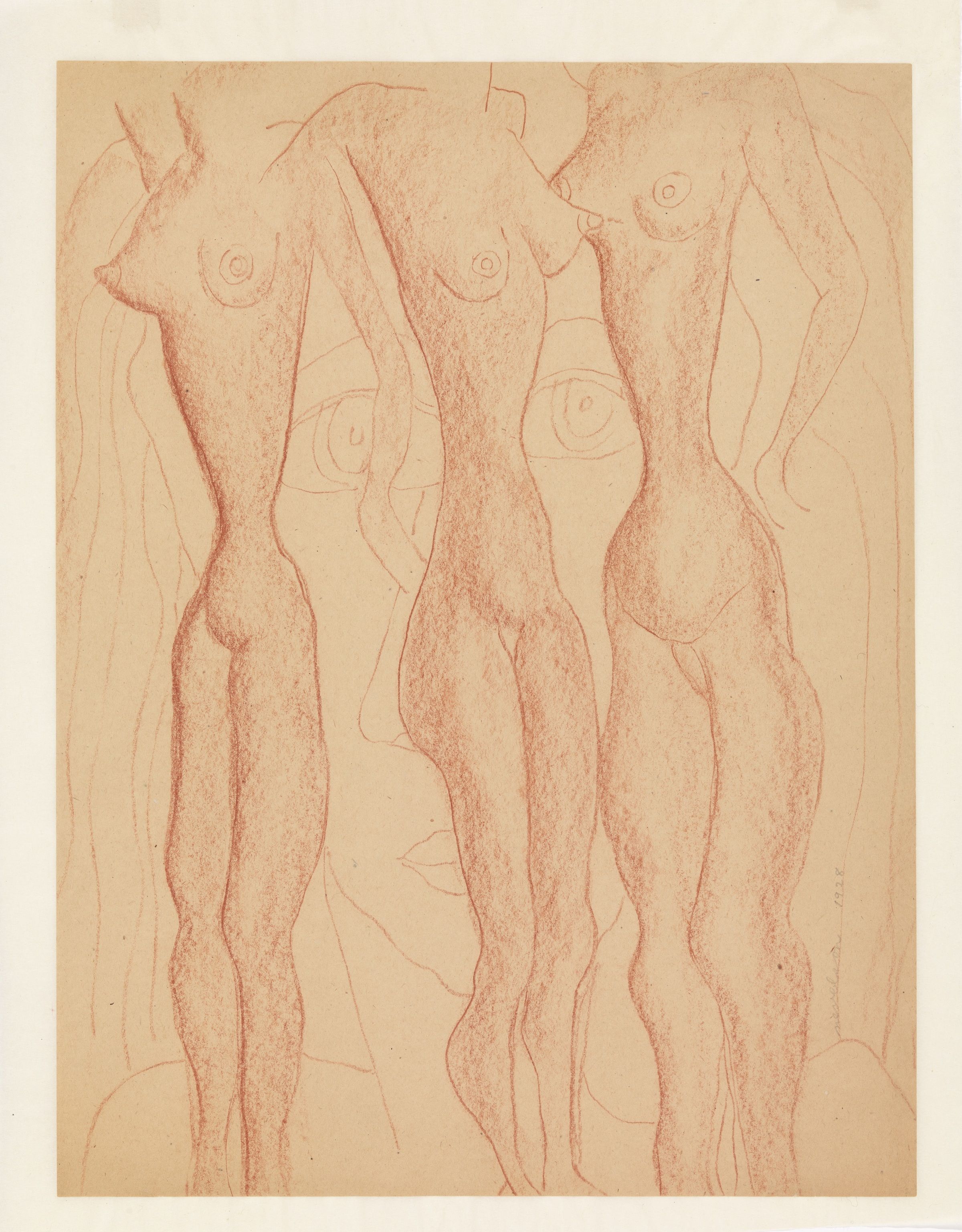 Louise Nevelson (1899-1988), Untitled , 1928. Fabricated red chalk on paper: sheet, 17 5/8 × 13 3/8 in. (44.8 × 34 cm); mount: 19 9/16 × 15 1/2 in. (49.7 × 39.4 cm). Whitney Museum of American Art, New York; gift of the artist 69.220. © 2018 Estate of Louise Nevelson/Artists Rights Society (ARS), New York